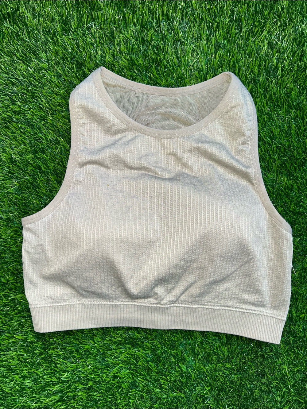 Max Studio Cream High-Neck Ribbed Sports Bra